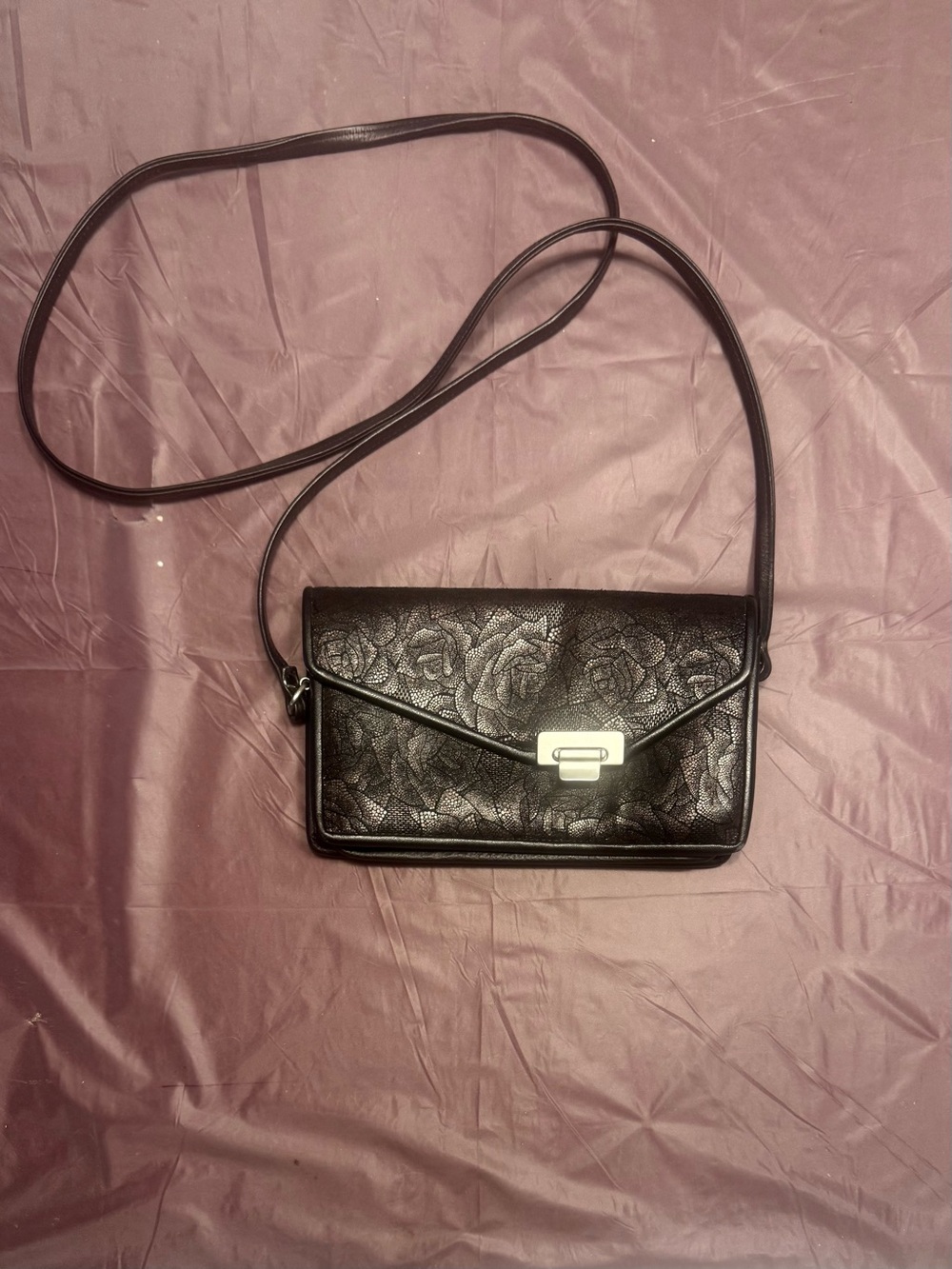 Vintage 2010 Roche Black Floral-Stamped Asymmetrical Leather Crossbody Bag - Picture 10 of 16